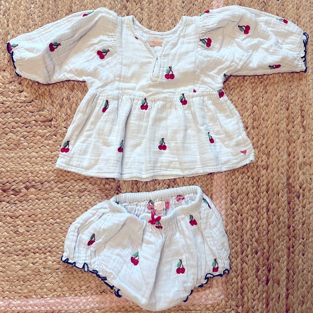 Pink Chicken White Cherry Embroidered Two-Piece Set